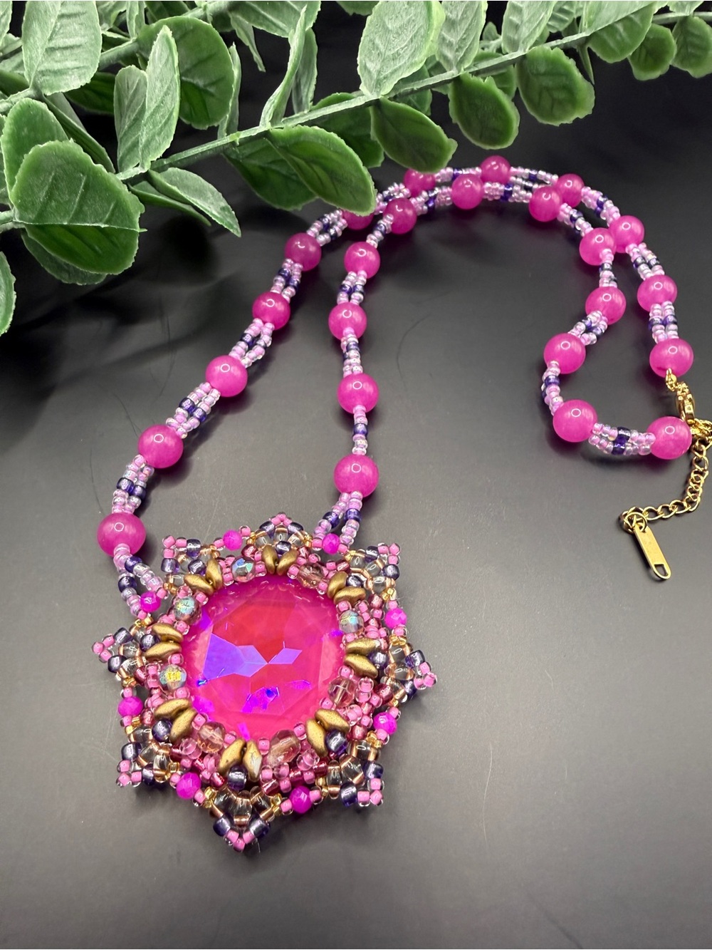 Vibrant Pink Beaded Pendant Necklace - Women's Jewelry